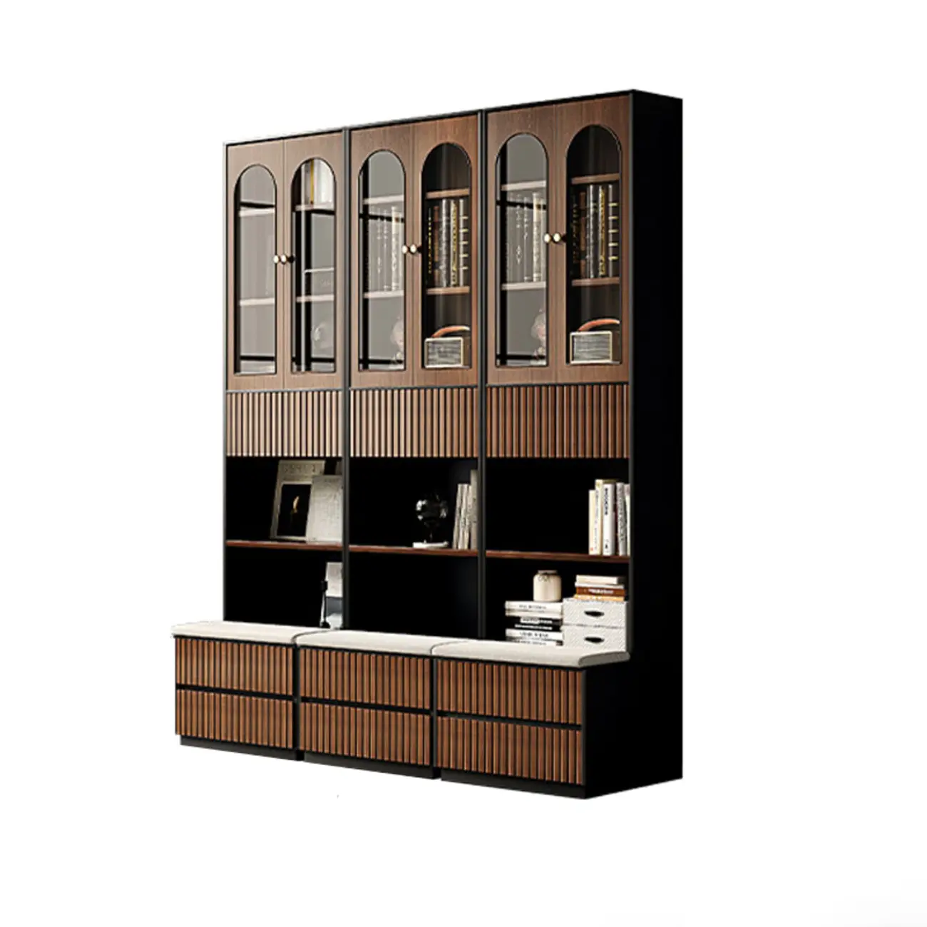 Tall French Country Display Wooden Bookcase with Cushioned Bench Image - 13 | homeyfad