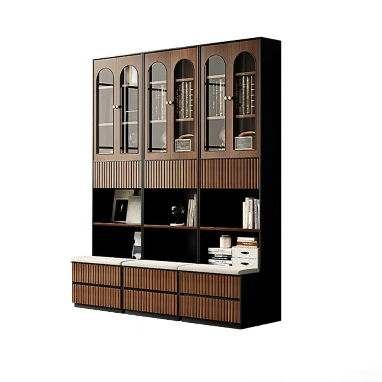 Tall French Country Display Wooden Bookcase with Cushioned Bench Image - 13