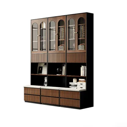 Tall French Country Display Wooden Bookcase with Cushioned Bench Image - 13