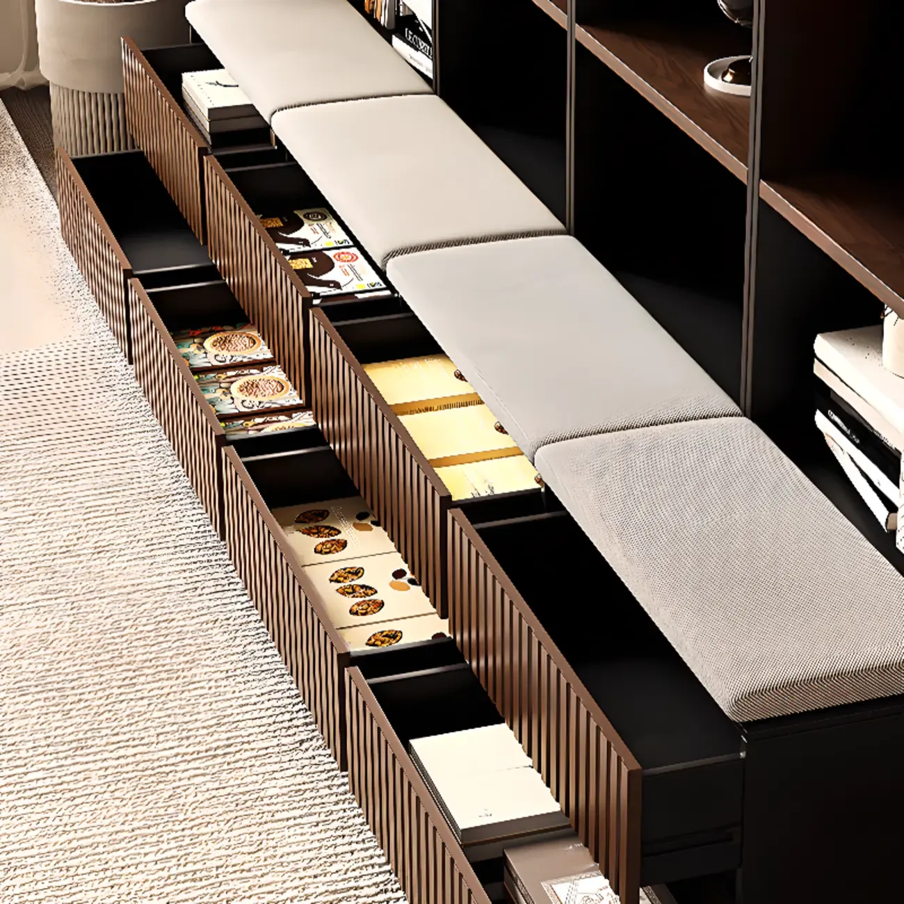 Tall French Country Display Wooden Bookcase with Cushioned Bench Image - 2