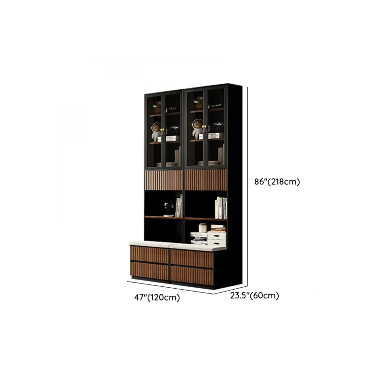 Tall French Country Display Wooden Bookcase with Cushioned Bench Image - 16