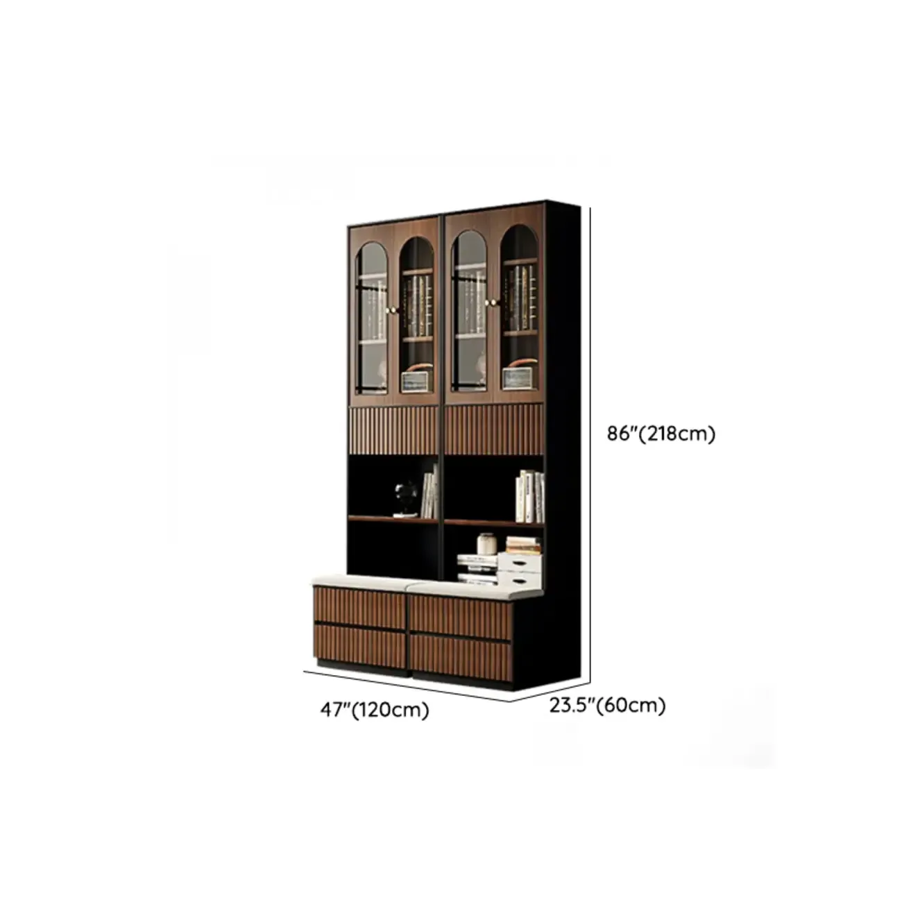 Tall French Country Display Wooden Bookcase with Cushioned Bench Image - 19