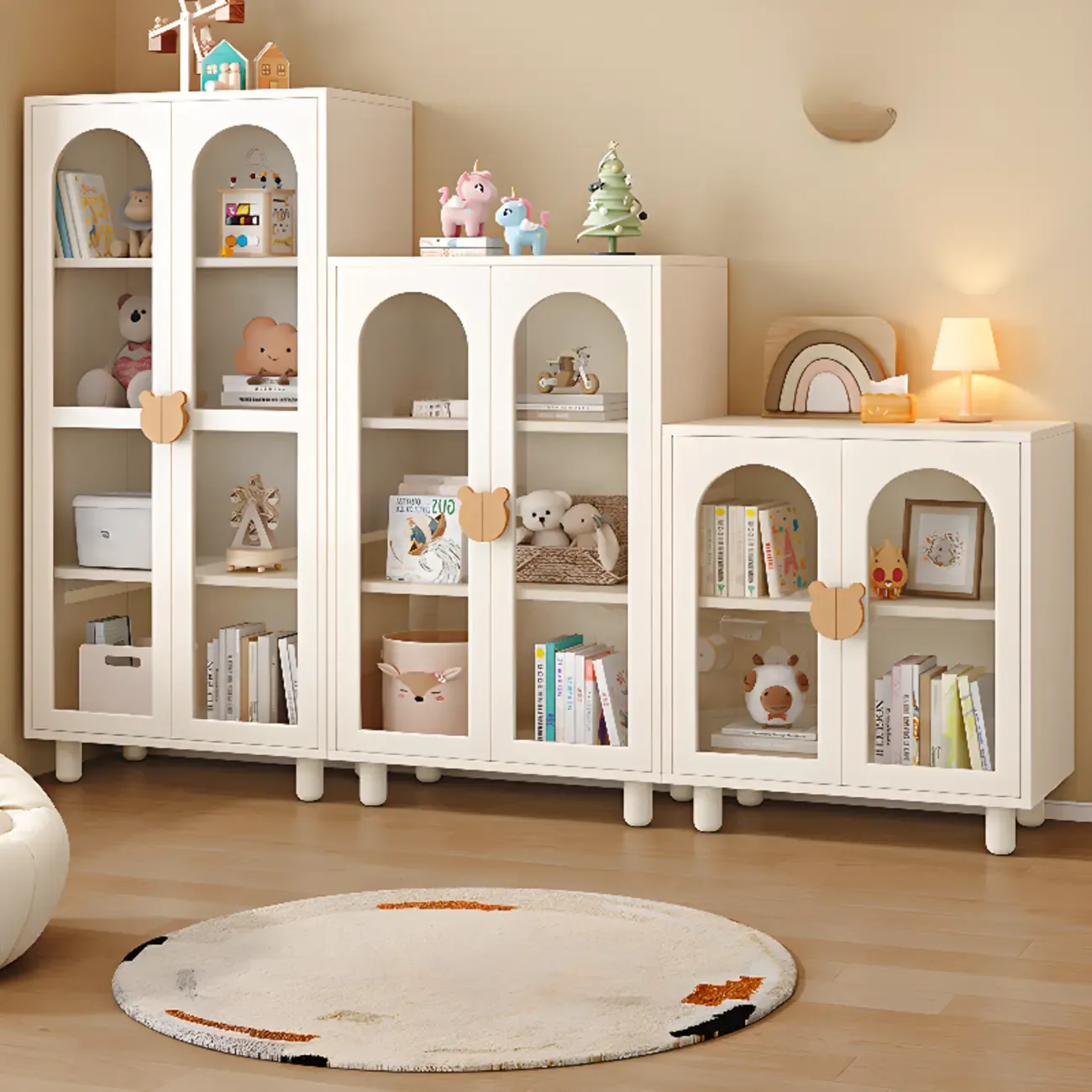 Modern White Short Wood Bookcase with Glass Doors Image - 1