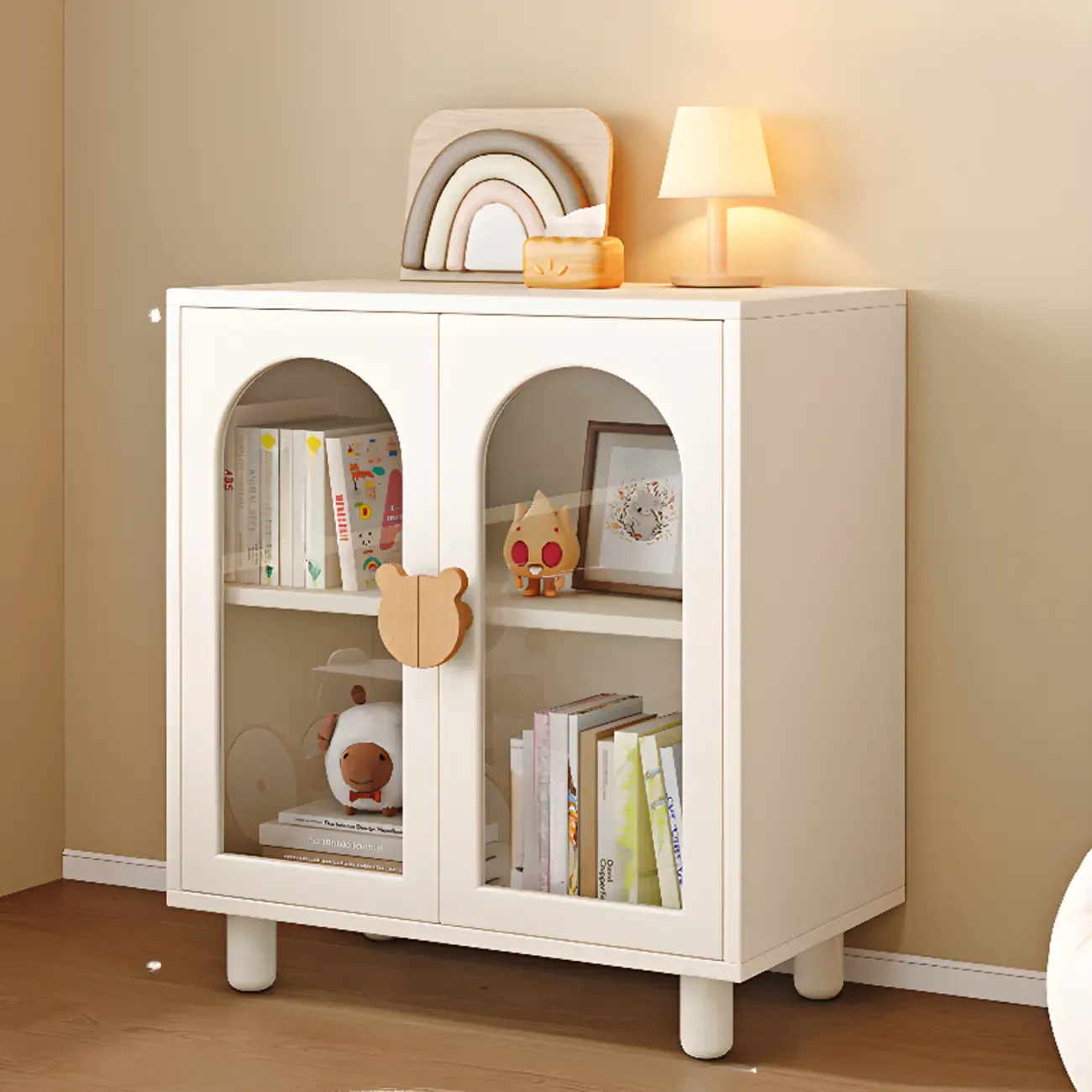 Modern White Short Wood Bookcase with Glass Doors Image - 2