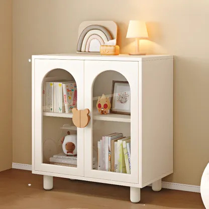 Modern White Short Wood Bookcase with Glass Doors Image - 2