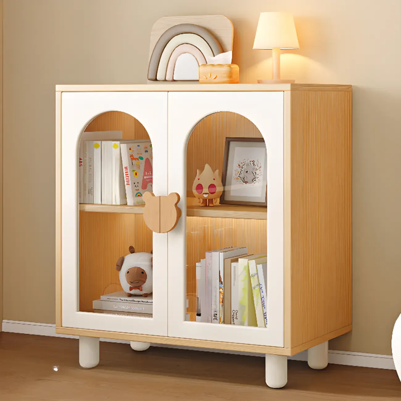 Modern White Short Wood Bookcase with Glass Doors Image - 3