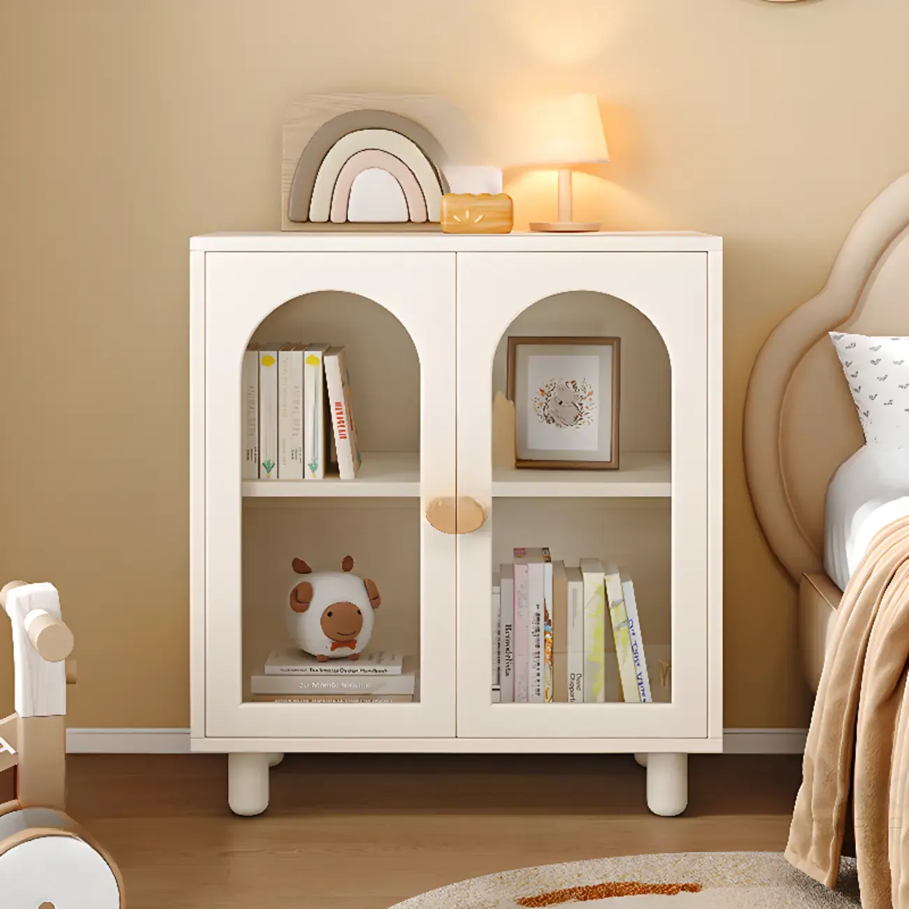 Modern White Short Wood Bookcase with Glass Doors Image - 4
