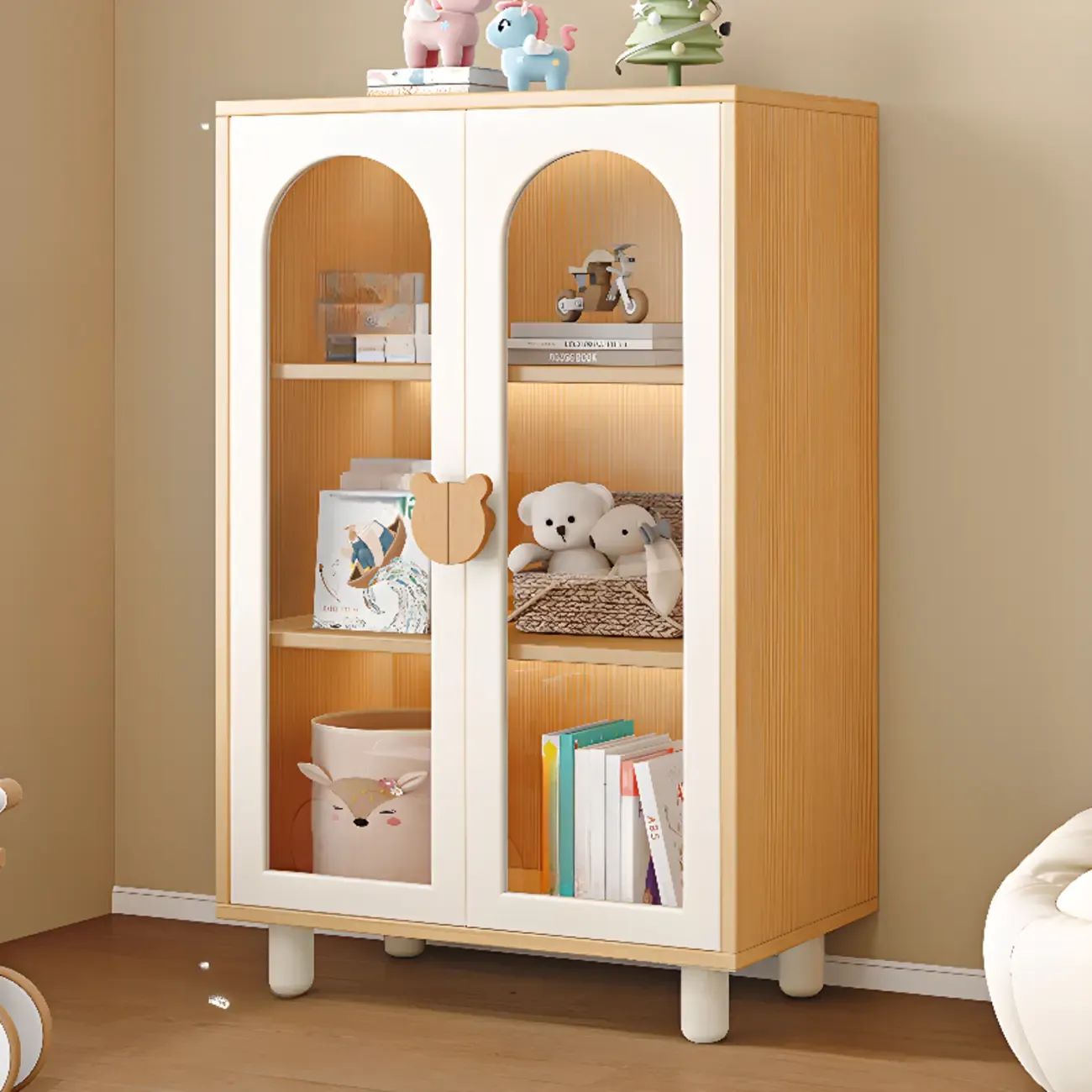Modern White Short Wood Bookcase with Glass Doors Image - 5