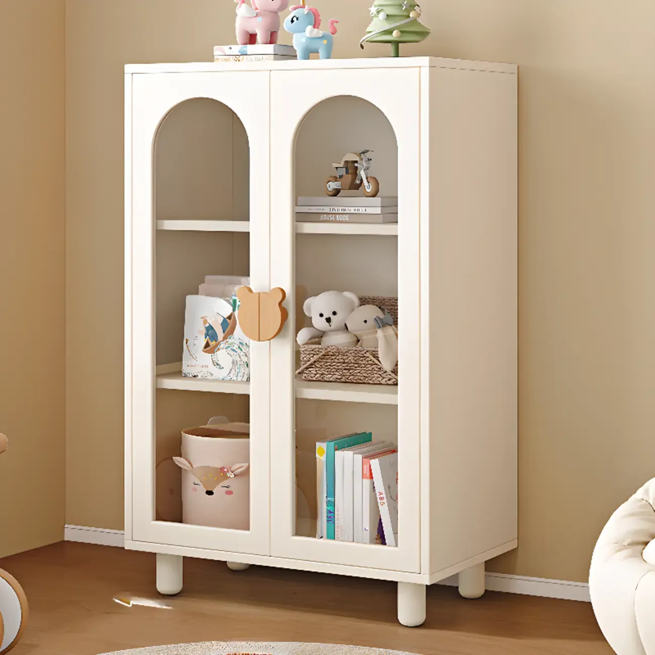 Modern White Short Wood Bookcase with Glass Doors Image - 11