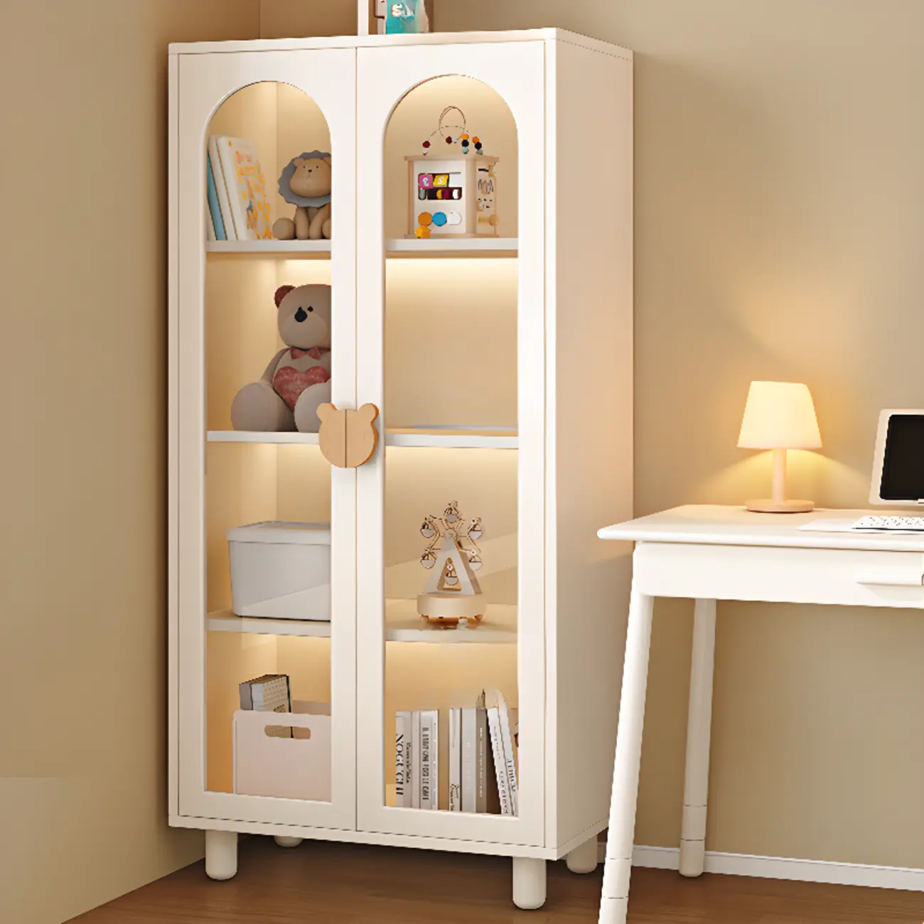 Modern White Short Wood Bookcase with Glass Doors Image - 12 | homeyfad