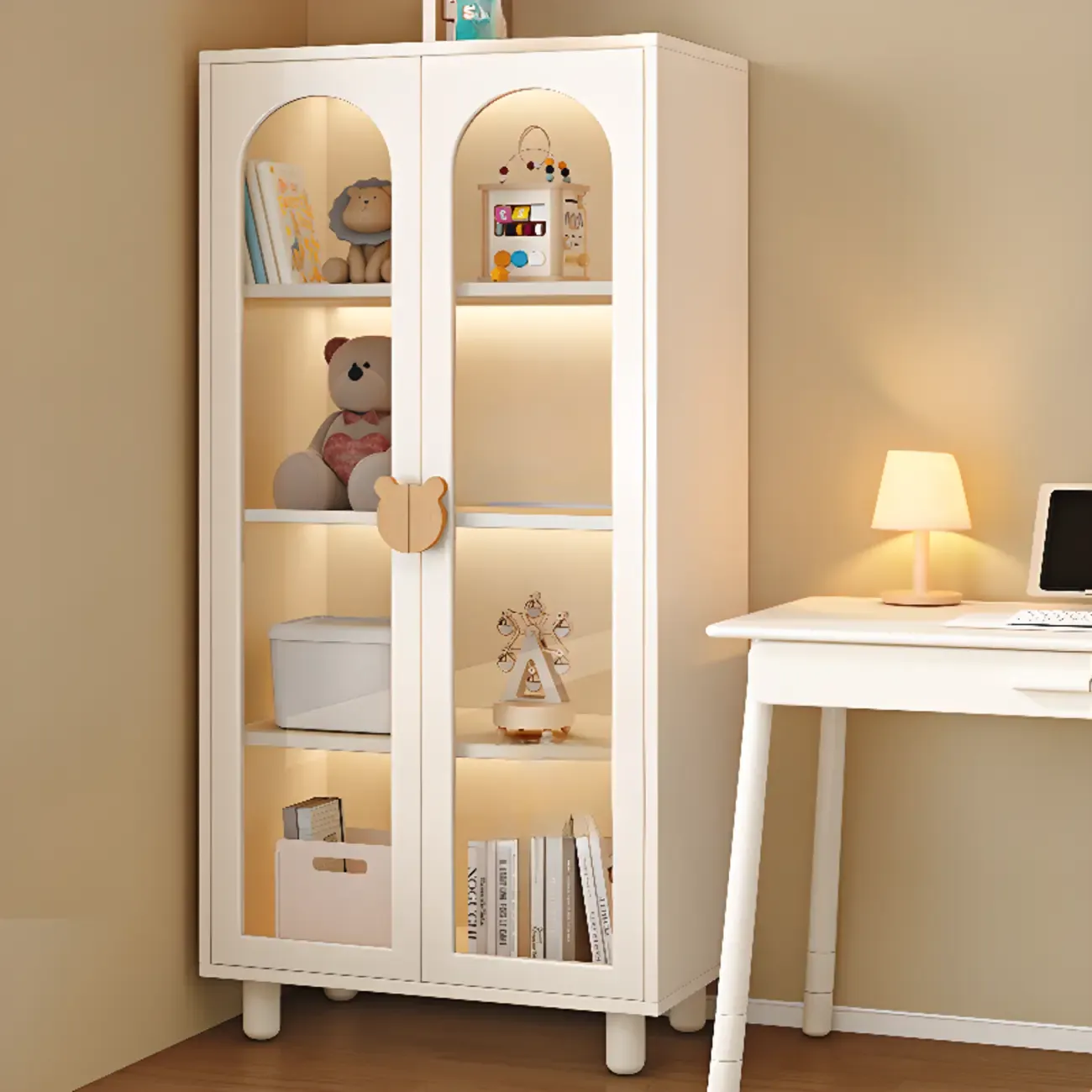 Modern White Short Wood Bookcase with Glass Doors Image - 12
