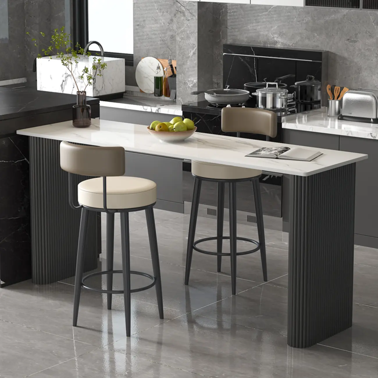 Glam White Stone Metal Striped Pillar Bar Tables Image - 1 | homeyfad