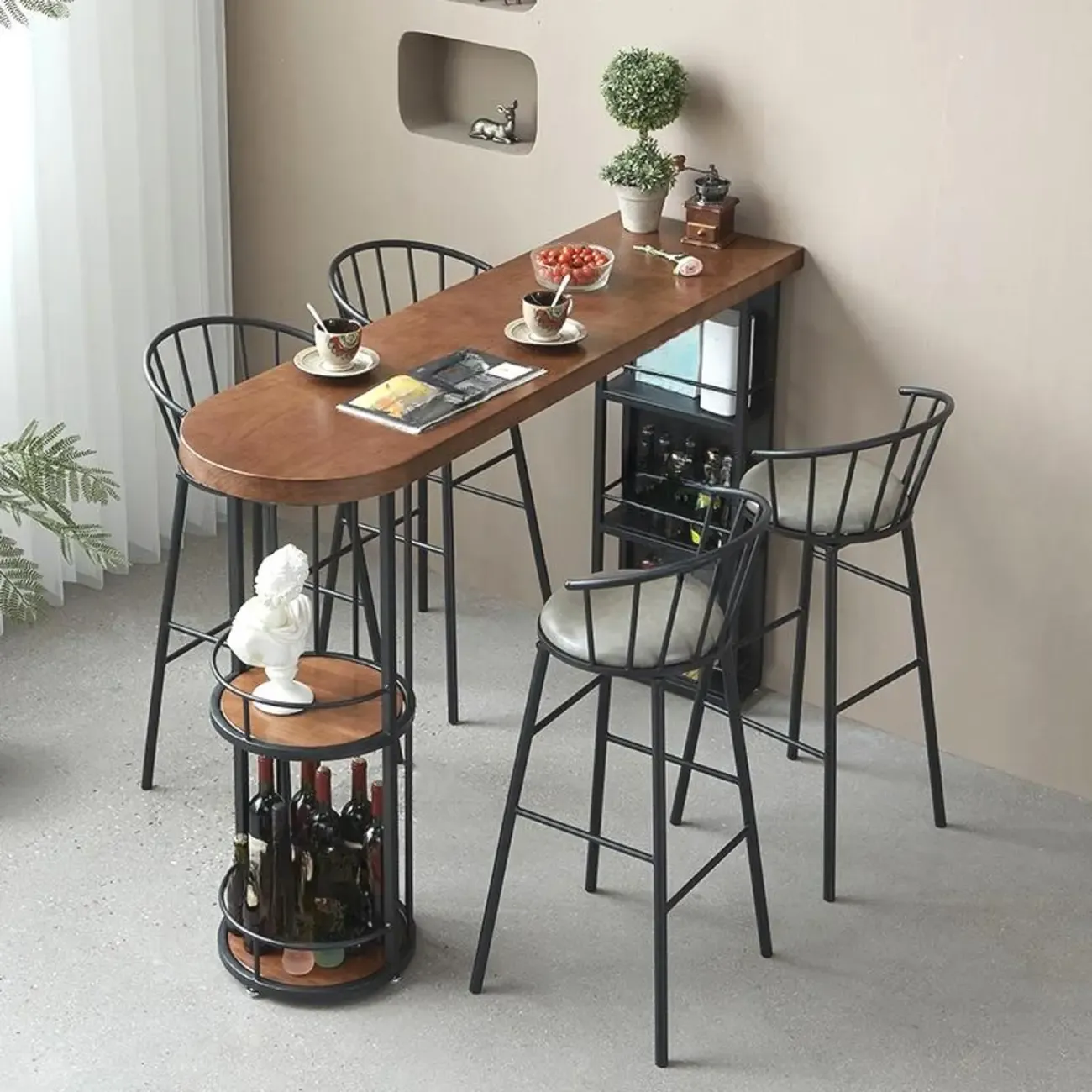 Vintage Brown Wooden Black Iron Shelves Storage Bar Tables Image - 1