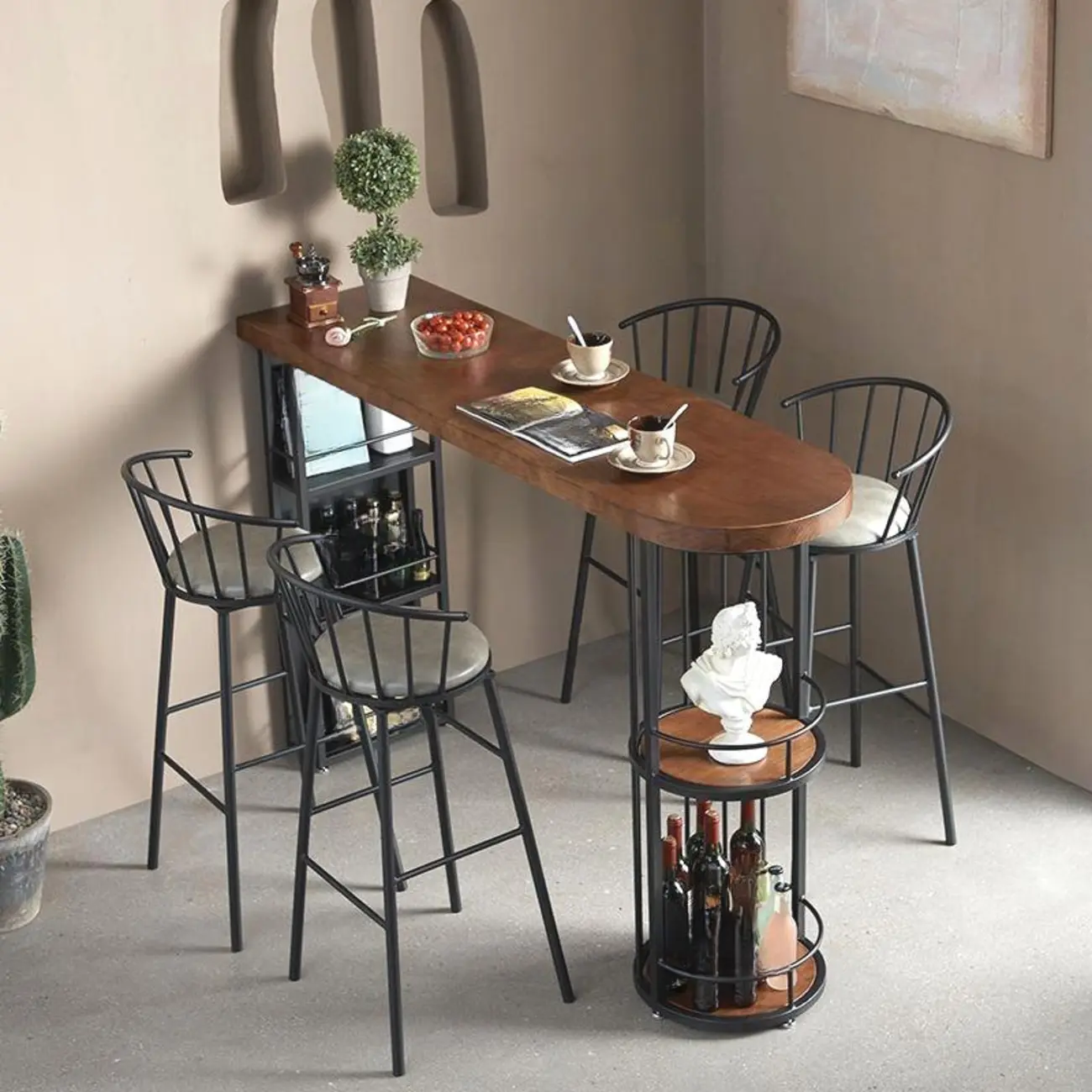 Vintage Brown Wooden Black Iron Shelves Storage Bar Tables Image - 3 | homeyfad