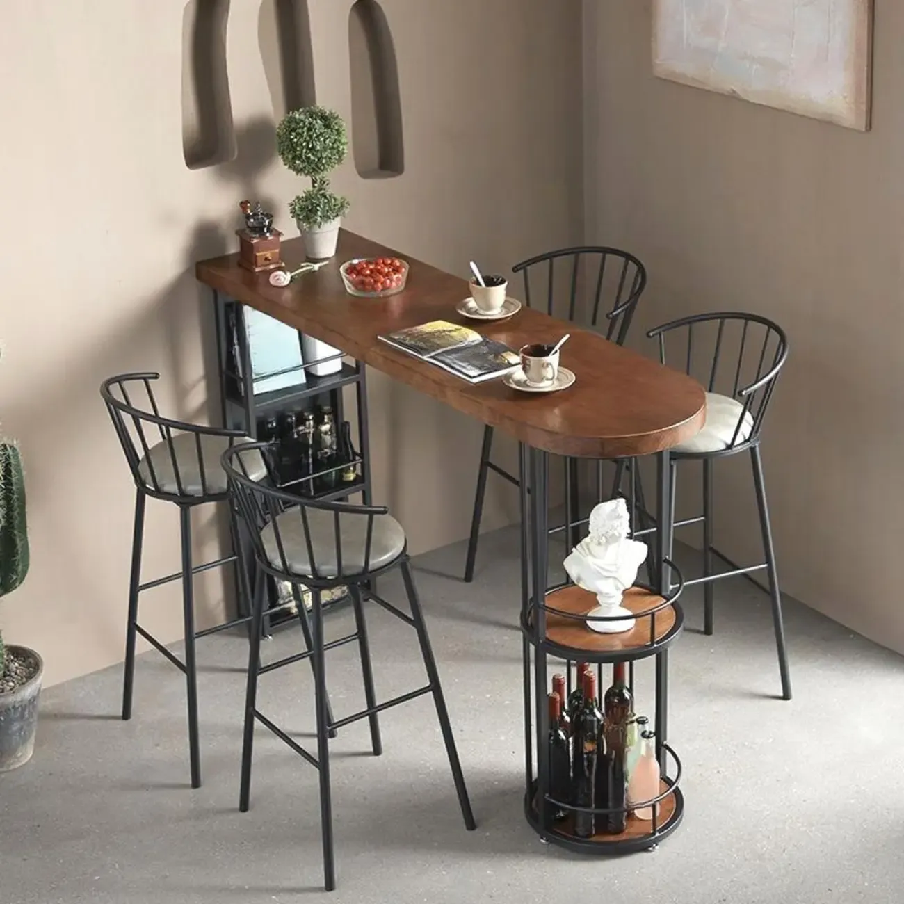 Vintage Brown Wooden Black Iron Shelves Storage Bar Tables Image - 3