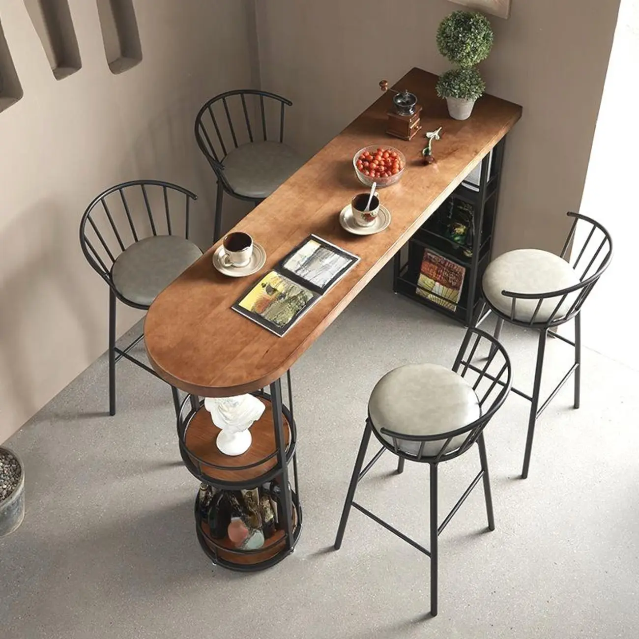 Vintage Brown Wooden Black Iron Shelves Storage Bar Tables Image - 5 | homeyfad