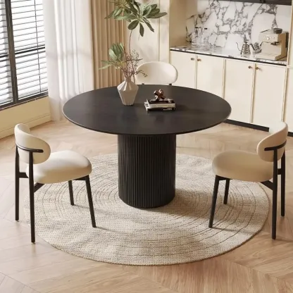 Modern Black Round Wood Cylindrical Base Dining Table Image - 1