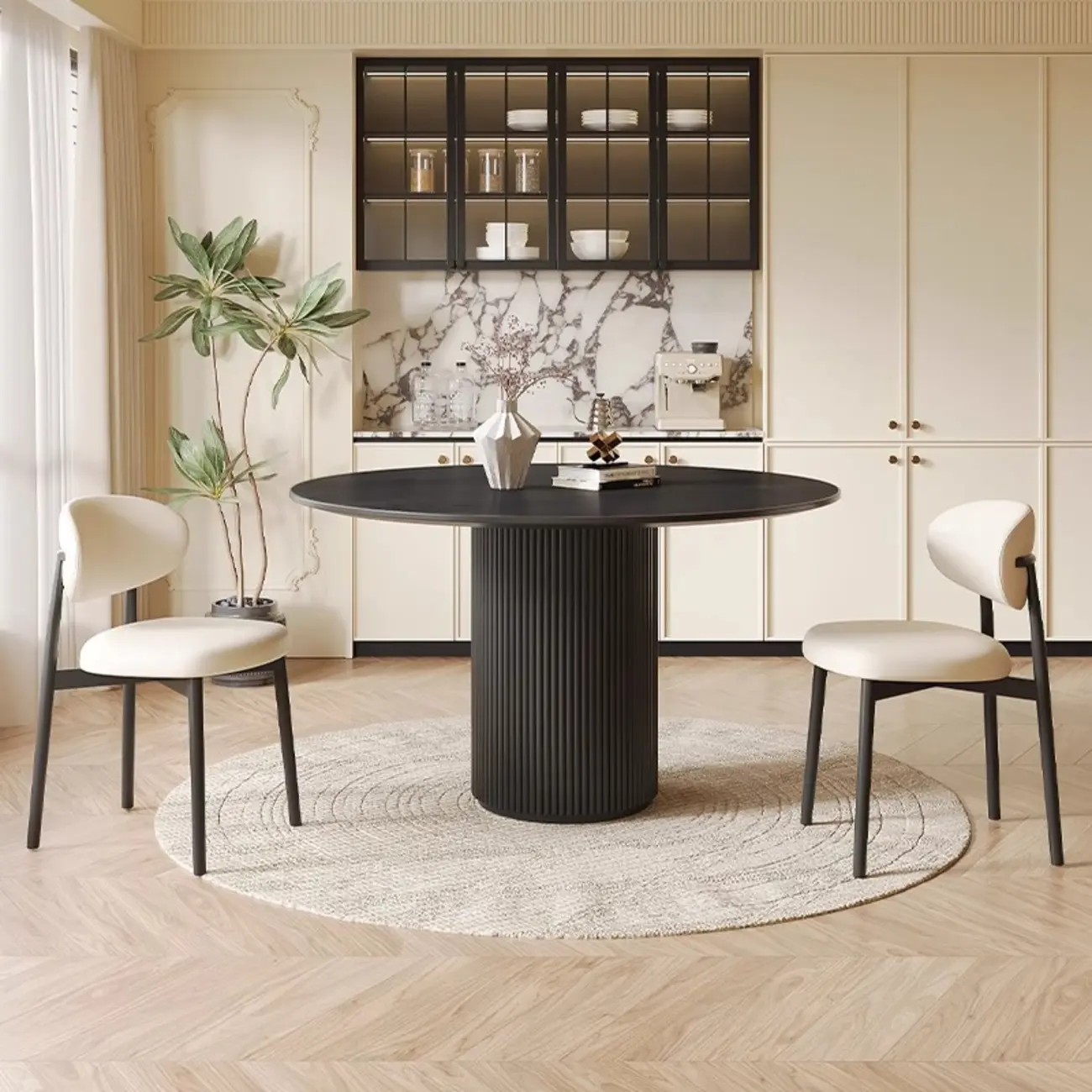 Modern Black Round Wood Cylindrical Base Dining Table Image - 2 | homeyfad