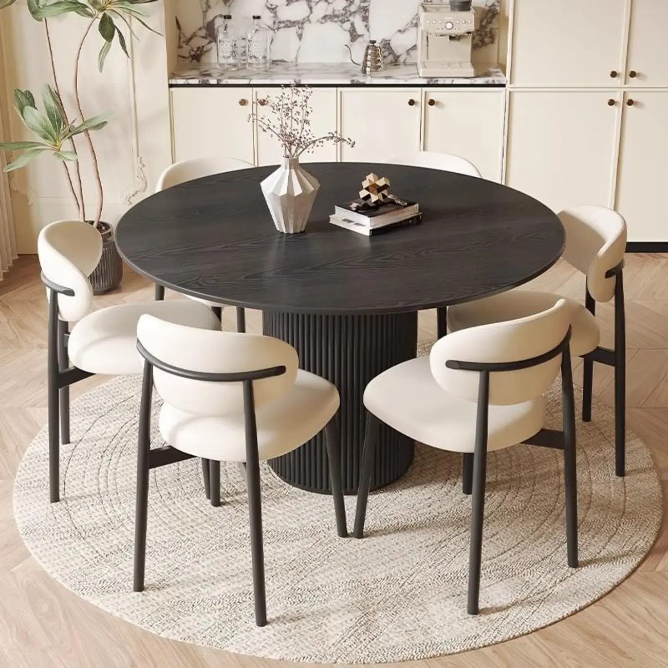 Modern Black Round Wood Cylindrical Base Dining Table Image - 3 | homeyfad