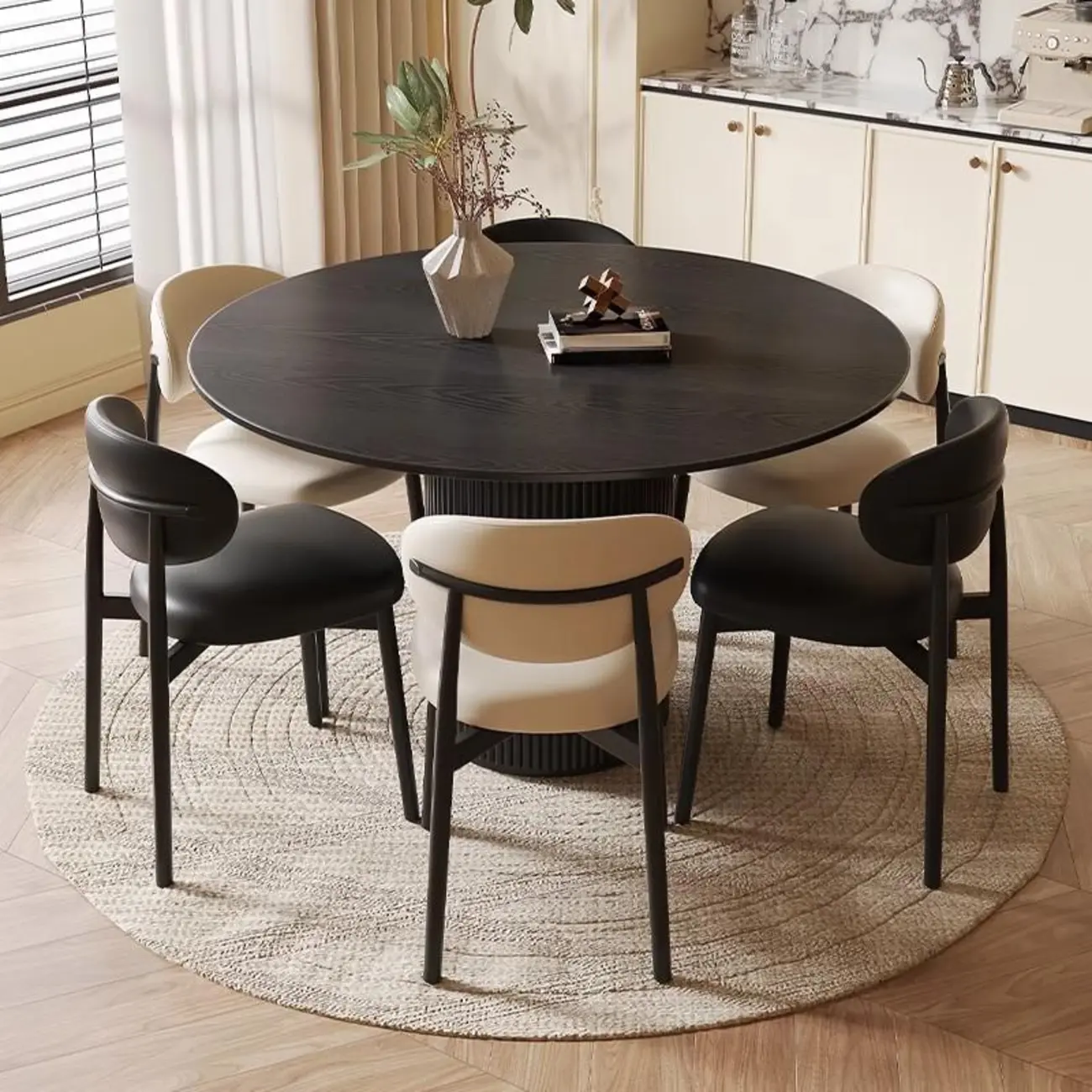 Modern Black Round Wood Cylindrical Base Dining Table Image - 4 | homeyfad