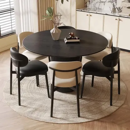 Modern Black Round Wood Cylindrical Base Dining Table Image - 4