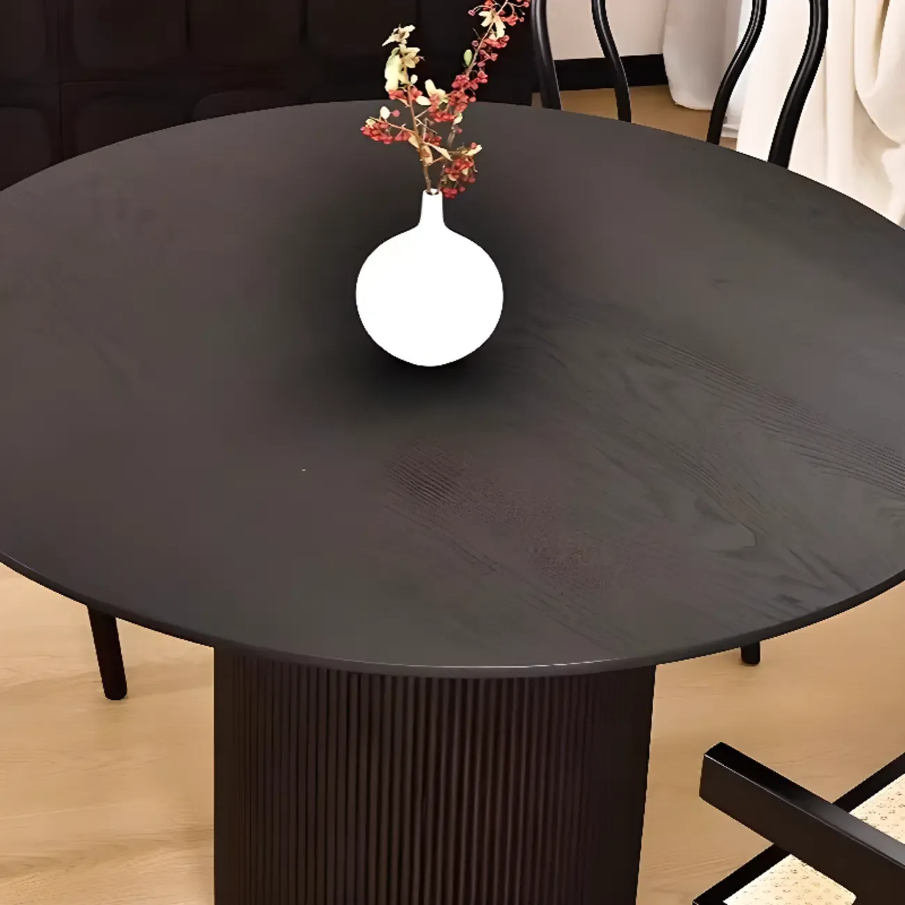 Modern Black Round Wood Cylindrical Base Dining Table Image - 6