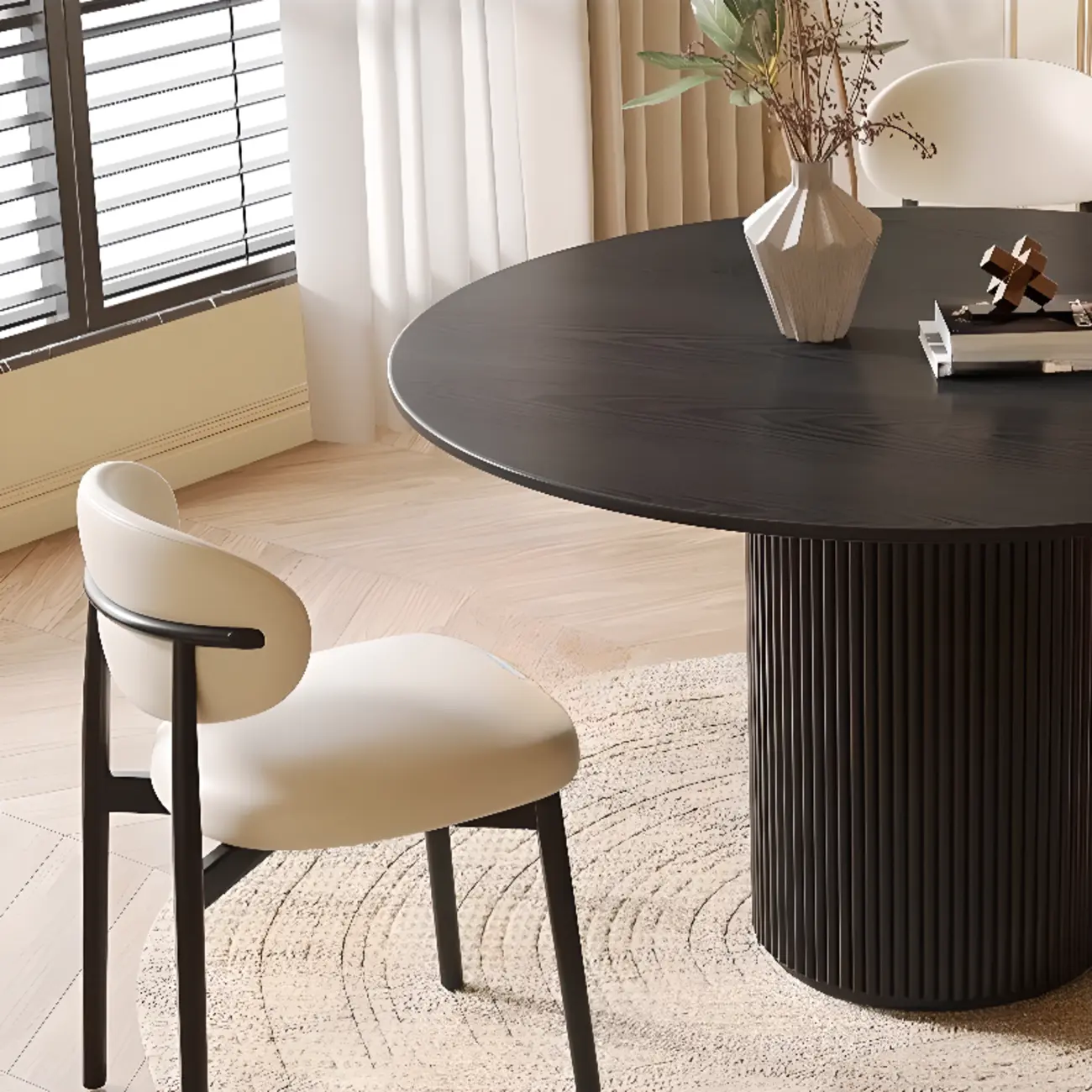 Modern Black Round Wood Cylindrical Base Dining Table Image - 9 | homeyfad