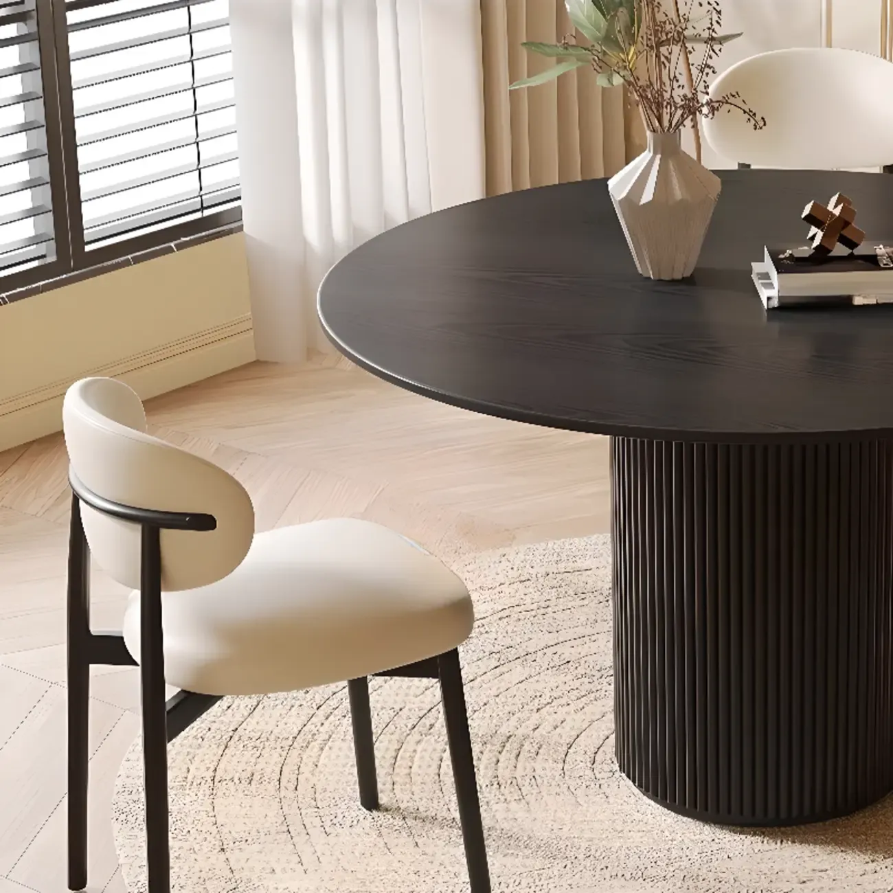 Modern Black Round Wood Cylindrical Base Dining Table Image - 9