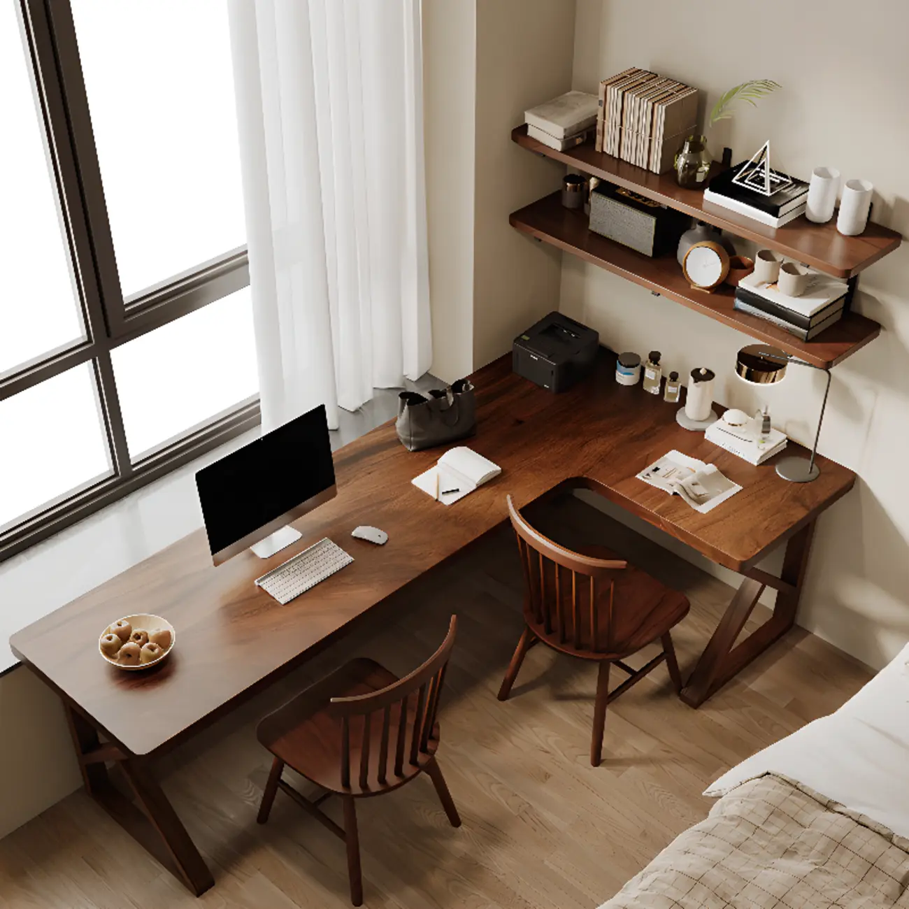 L-Shaped Brown Wooden Computer Desk for Home Office Image - 1 | homeyfad