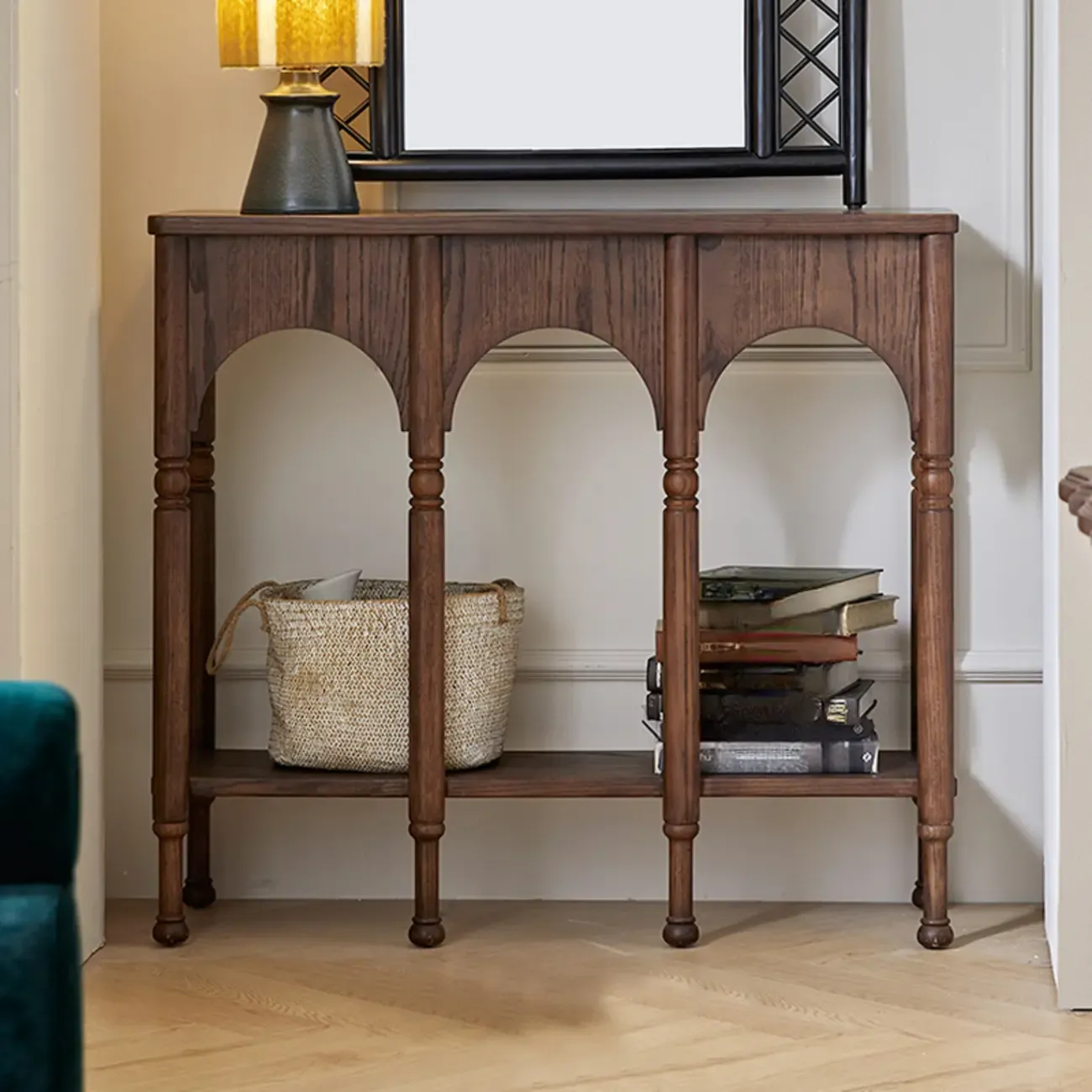 Rectangular Wood Brown Console Table with Shelves Image - 2