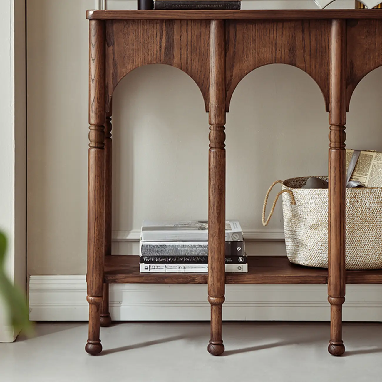 Rectangular Wood Brown Console Table with Shelves Image - 3 | homeyfad