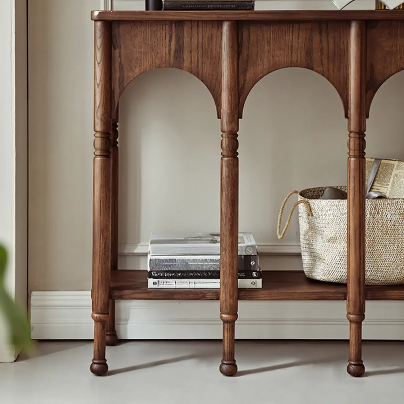 Rectangular Wood Brown Console Table with Shelves Image - 3