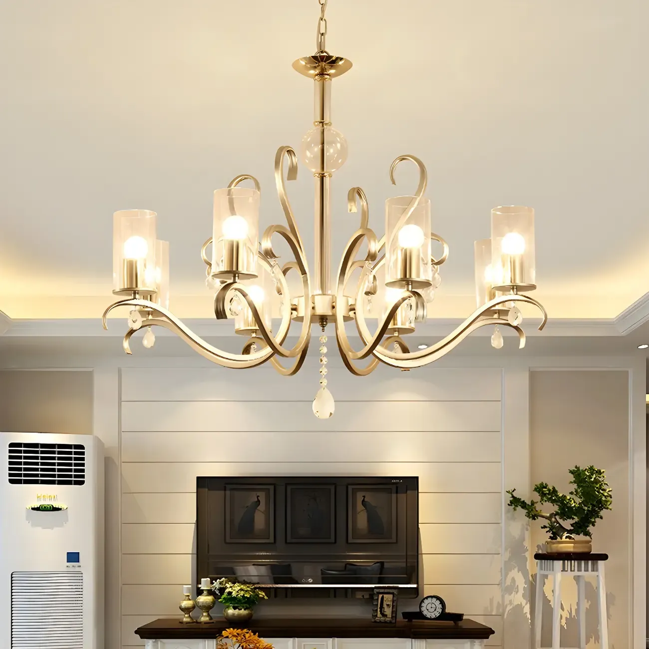 Gold Crystalline Metal Modern Curved Linear Chandelier Image - 1