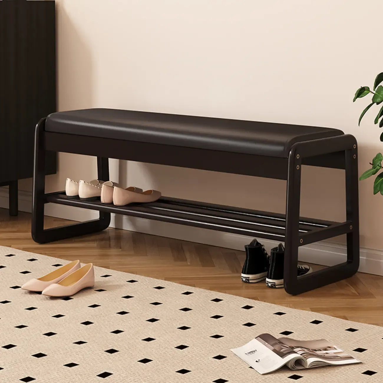 Modern Upholstered Wooden Entryway Bench with Storage Image - 5