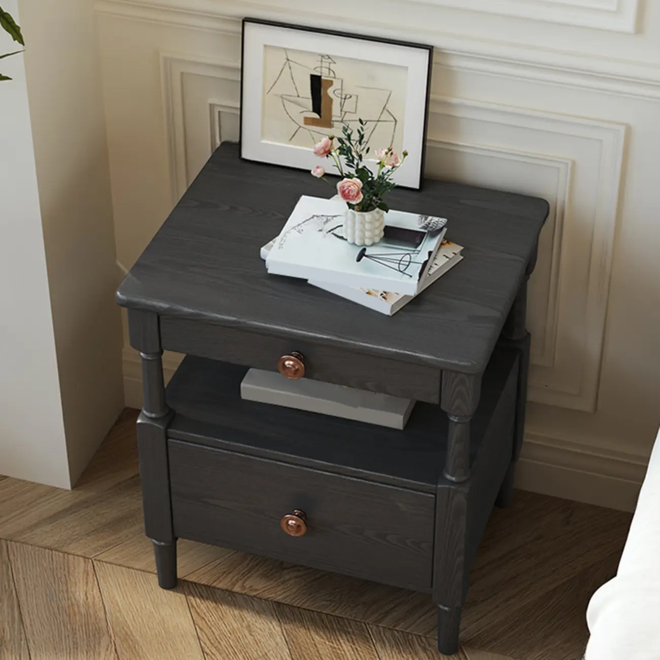 Classic Rectangular 2-Drawer Wood Black Nightstand with Shelf Image - 4 | homeyfad