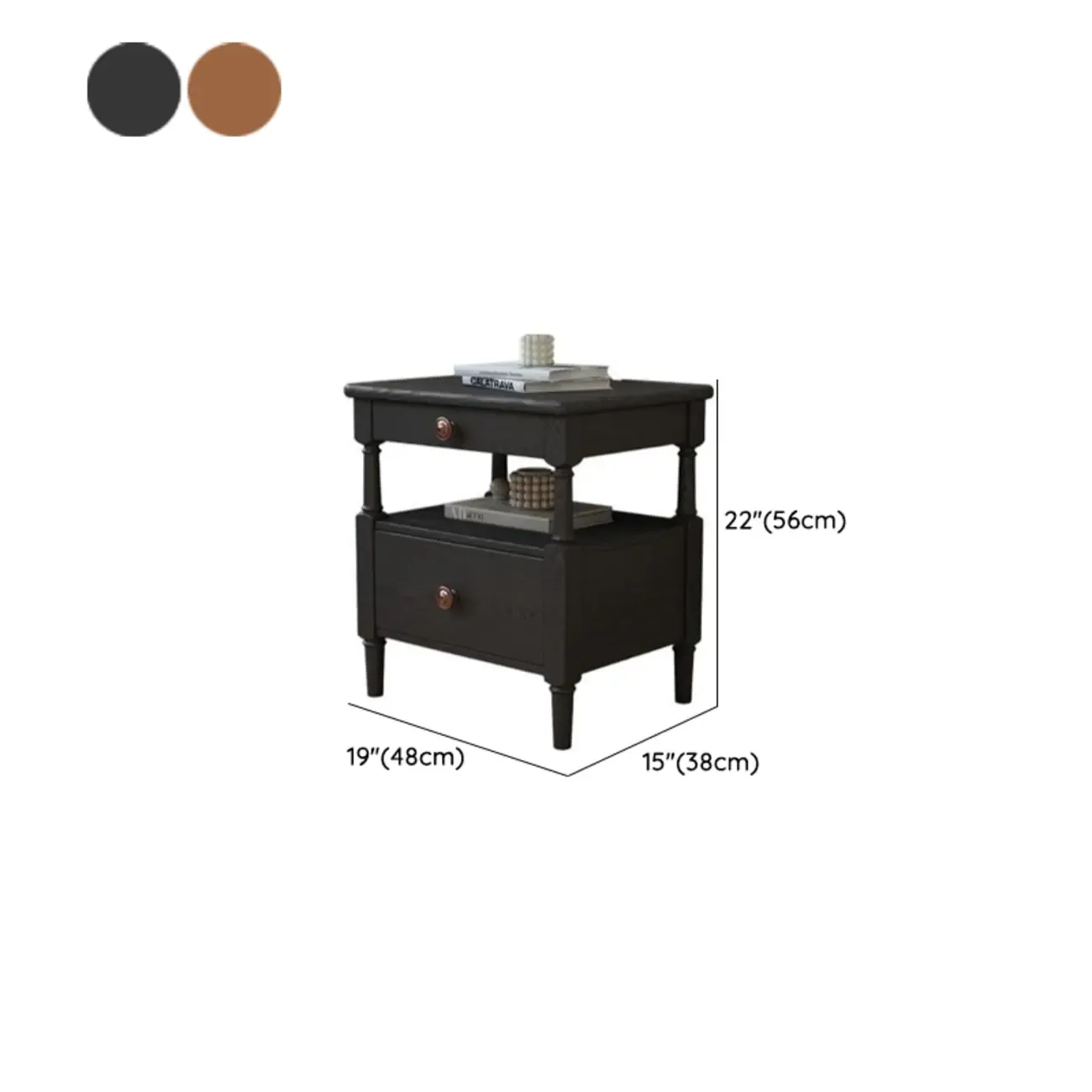 Classic Rectangular 2-Drawer Wood Black Nightstand with Shelf #size