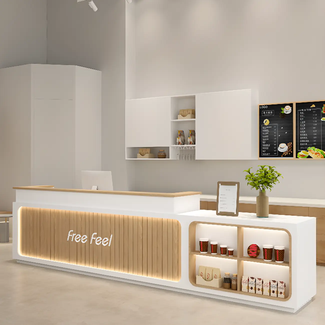 Modern Long Wood I-Shaped Reception Desk with Exterior Shelf Image - 1 | homeyfad