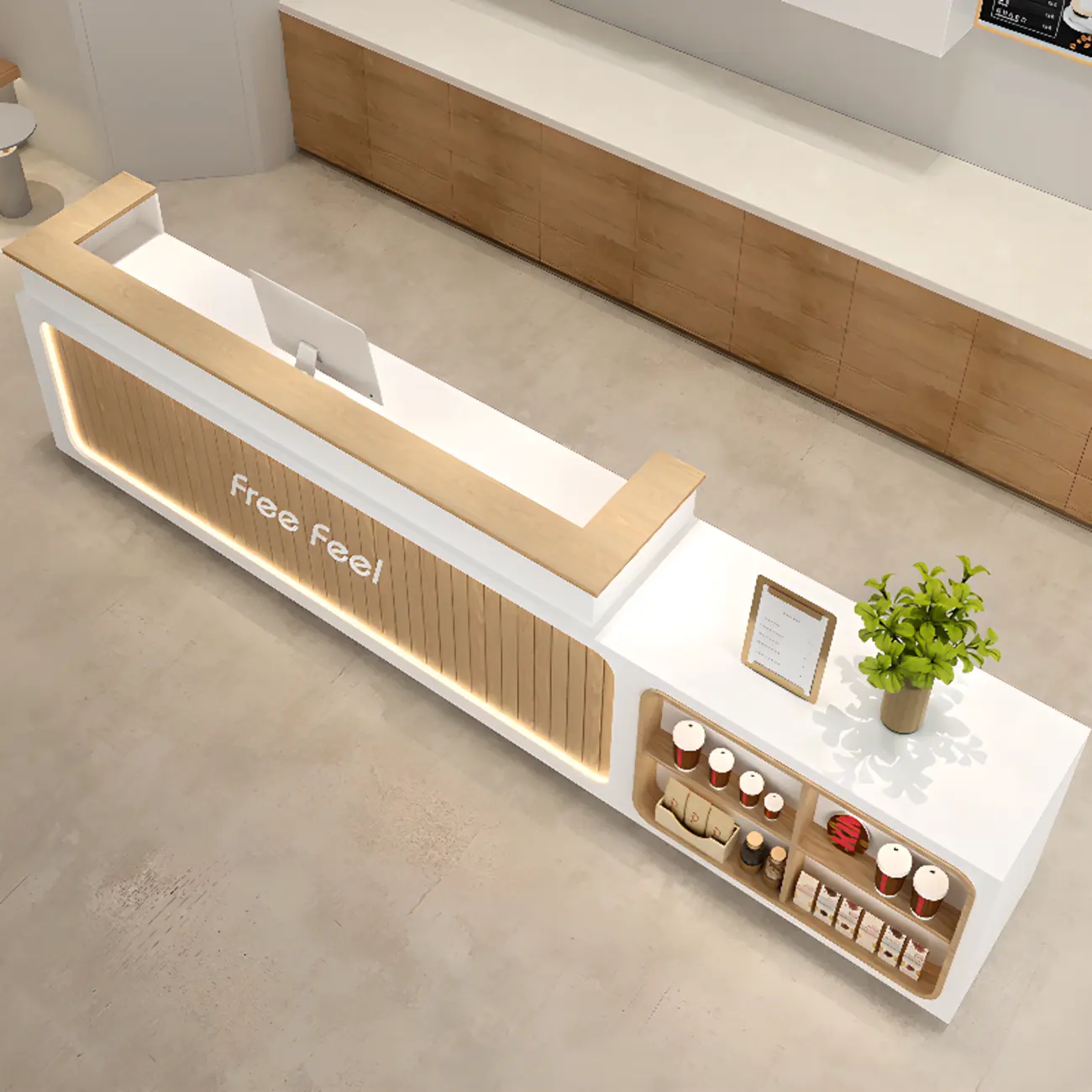 Modern Long Wood I-Shaped Reception Desk with Exterior Shelf Image - 2 | homeyfad