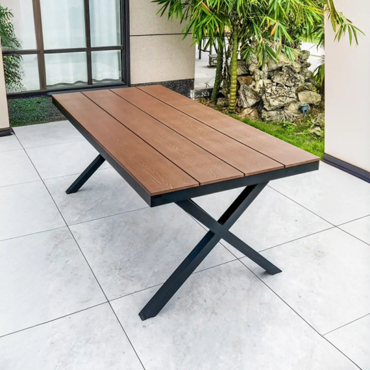 Rectangle Brown Wood X-Leg Outdoor Dining Table Image - 1 | homeyfad