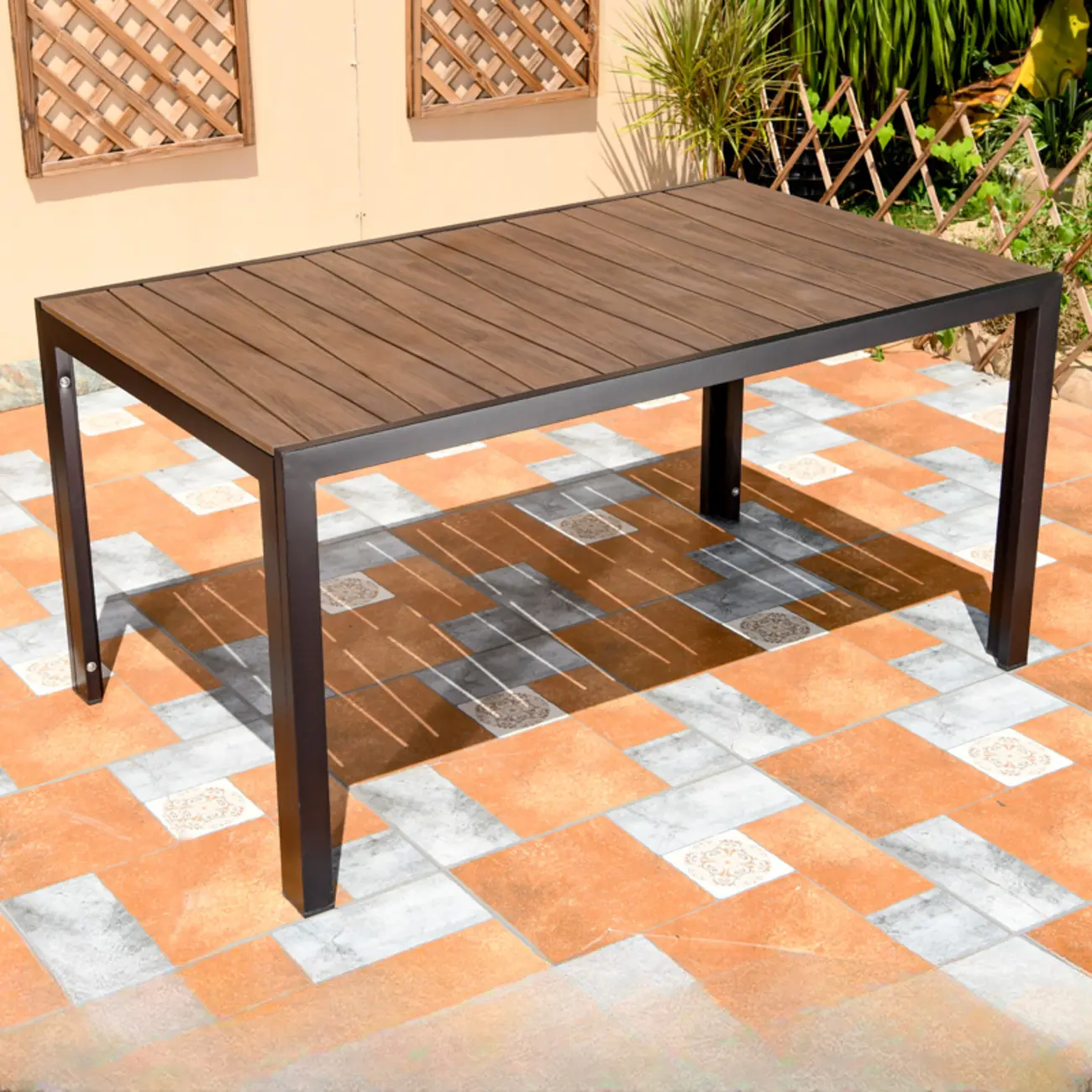 Rectangle Brown Wood X-Leg Outdoor Dining Table Image - 2 | homeyfad