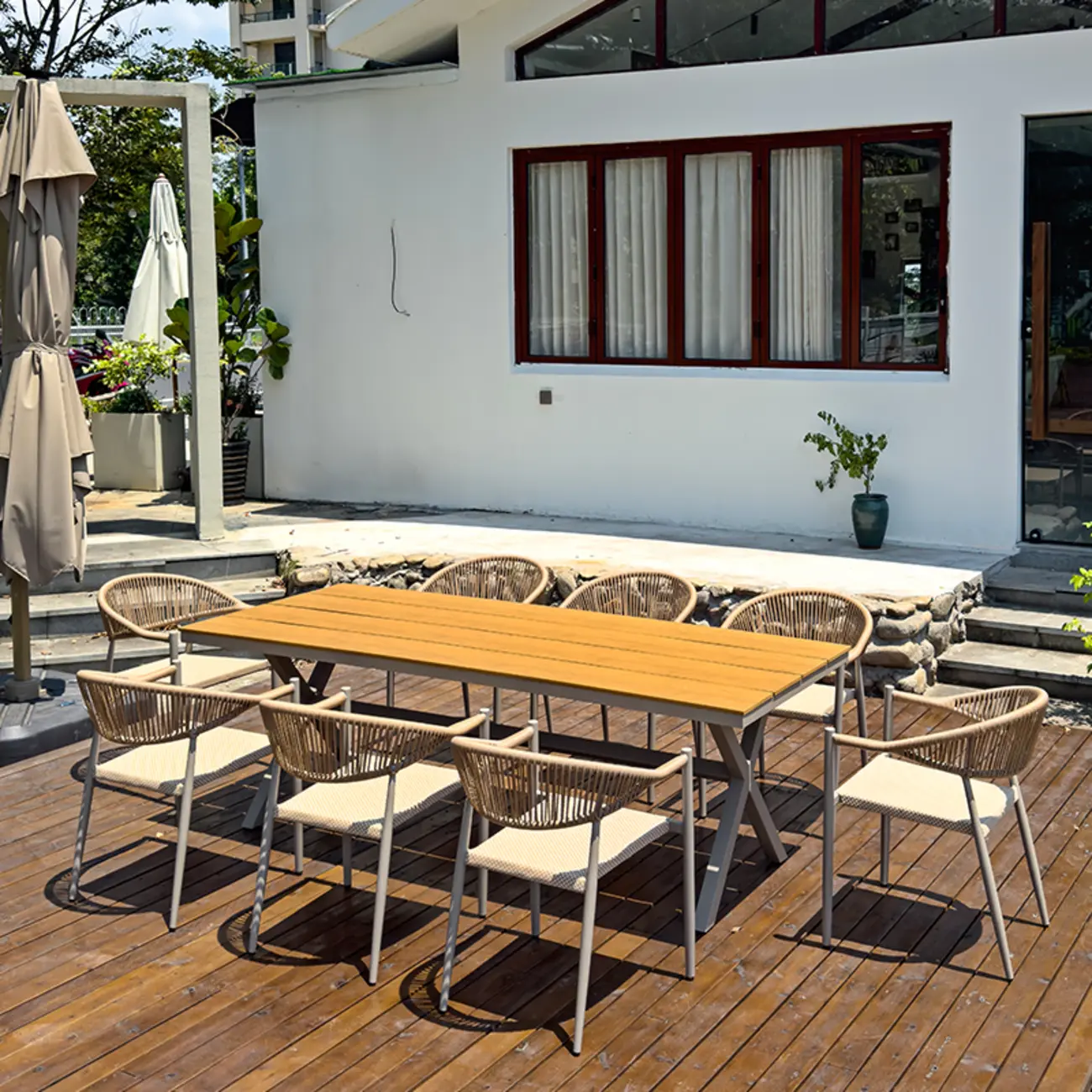 X-Leg Trestle Rectangle Wood Outdoor Dining Table Image - 1 | homeyfad