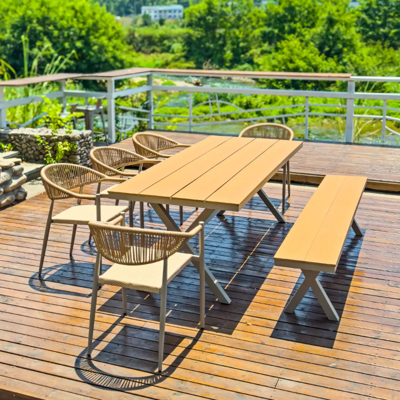 X-Leg Trestle Rectangle Wood Outdoor Dining Table Image - 2 | homeyfad