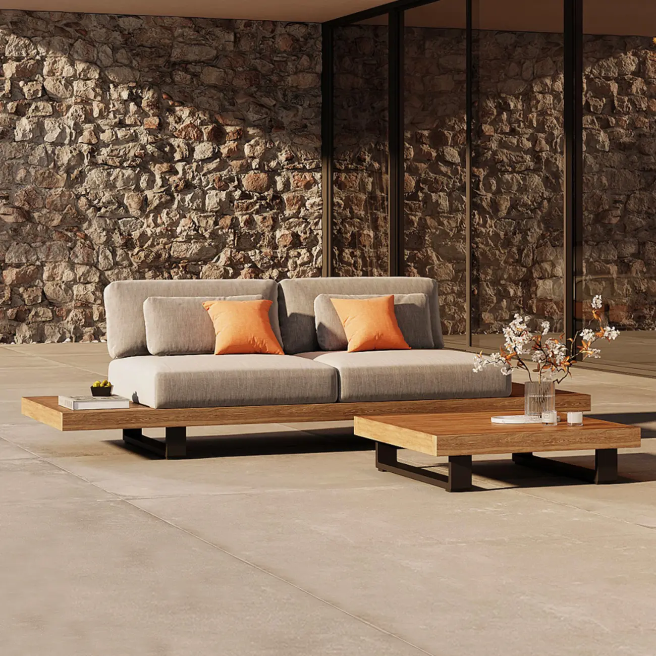 Waterpoof Outdoor Sofa with Cushions in Wood Frame Image - 1 | homeyfad