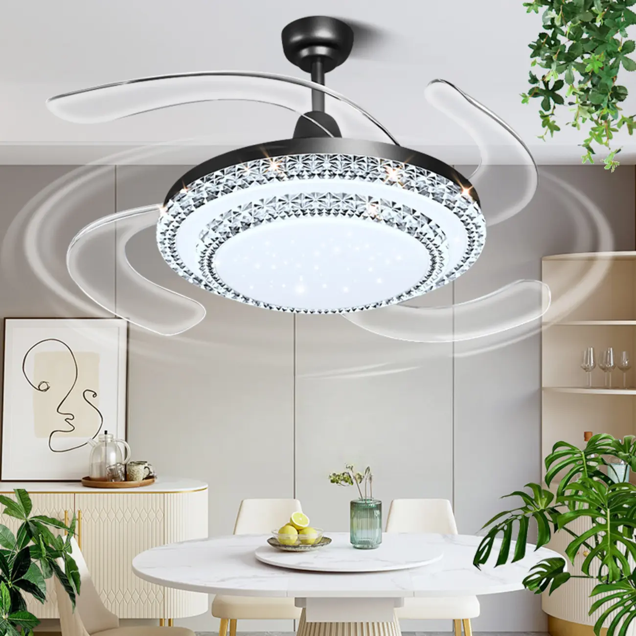 Retractable LED Crystal Ceiling Fan with Light Image - 2 | homeyfad