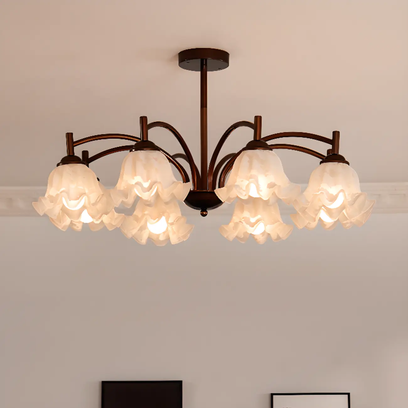 Bronze Floral Glass Semi Flush Mount Chandelier Retro Image - 2 | homeyfad
