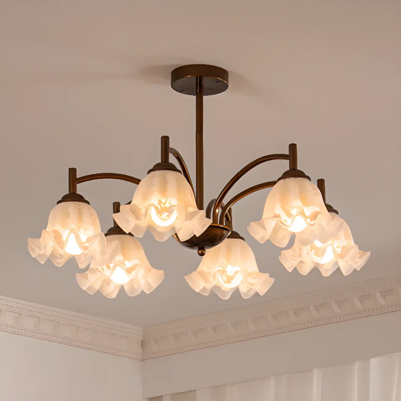 Bronze Floral Glass Semi Flush Mount Chandelier Retro Image - 1