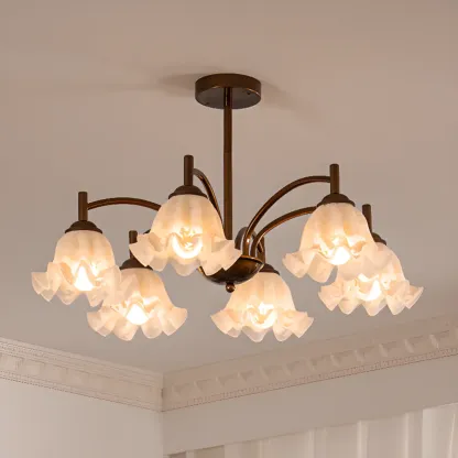 Bronze Floral Glass Semi Flush Mount Chandelier Retro Image - 1