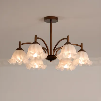 Bronze Floral Glass Semi Flush Mount Chandelier Retro Image - 3