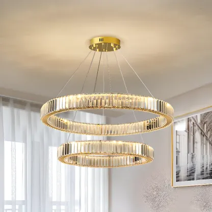 Gold Glass Circular Crystal Modern Chandelier Light Image - 2