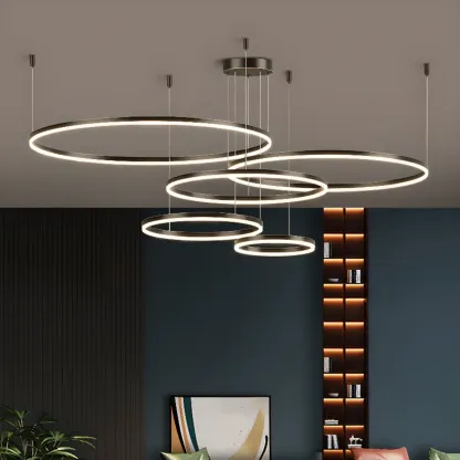 Modern Gold Multi-Circle Tiered Metal Ring LED Chandelier Image - 2